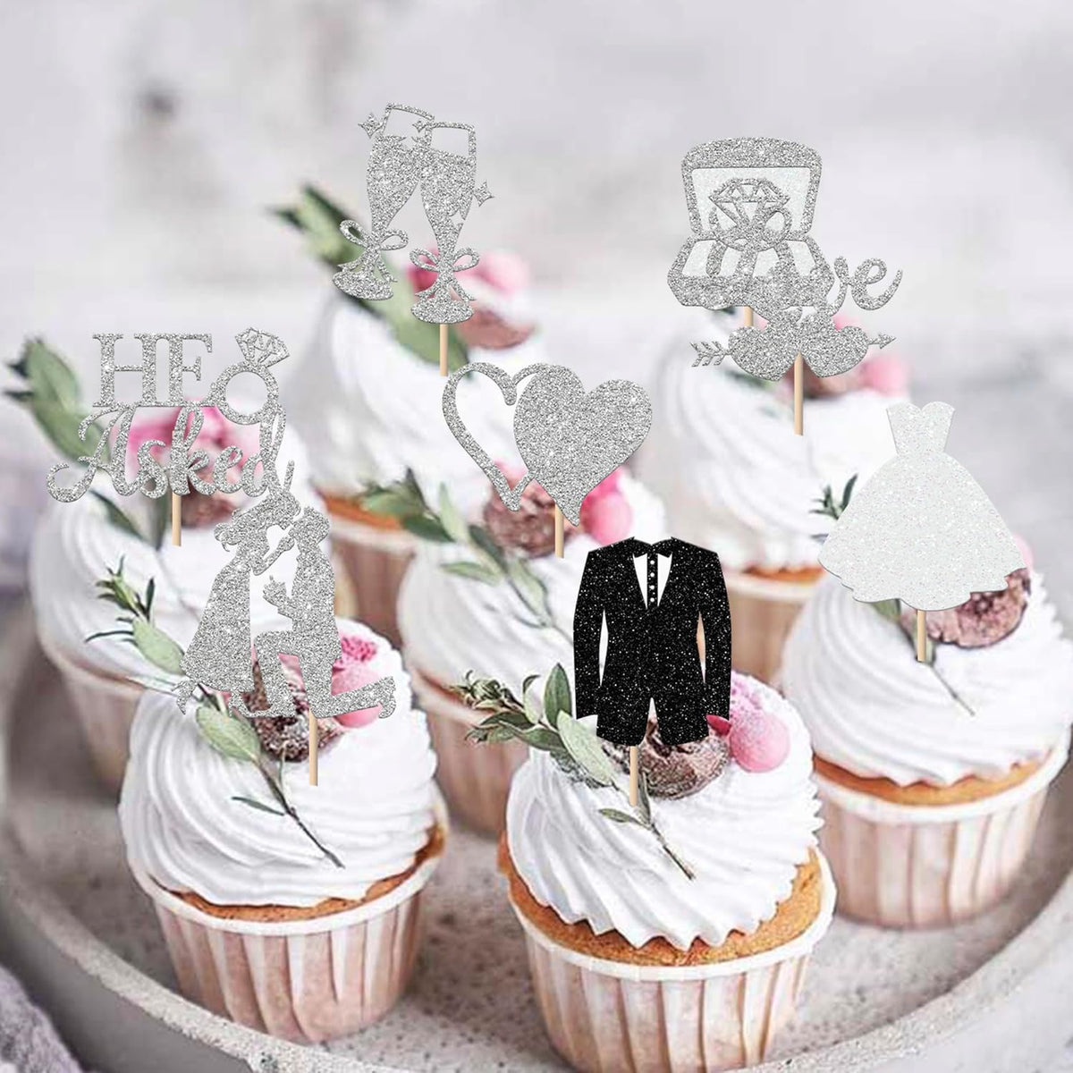 30 Pack Bride to be Cupcake Toppers Glitter Diamond Ring I Do Love Cupcake Picks Miss to Mrs He