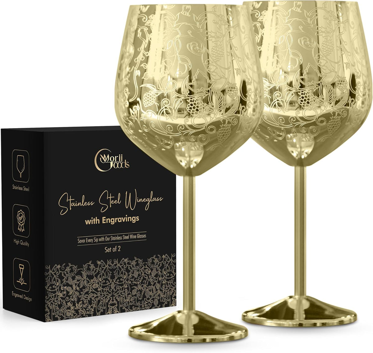 Stainless Steel Wine Glasses - Set of 2 Etched 16 oz Metal Goblets, Unbreakable Gold Cups for