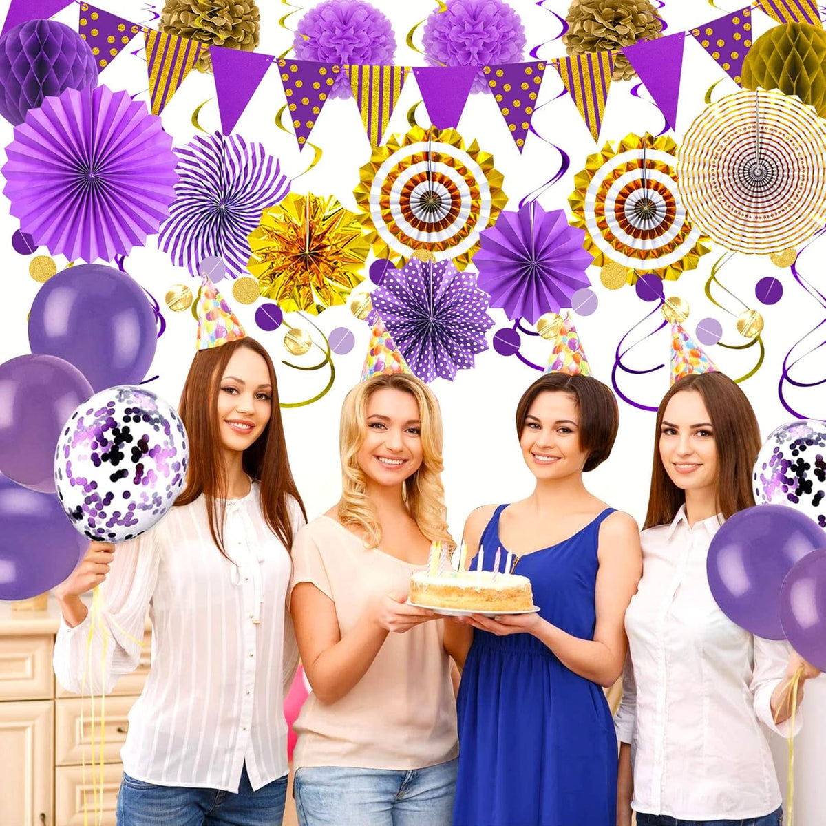 Purple Gold Party Decorations Paper Fans, Graduation Season Hanging Glitter Triangle Flags Banner