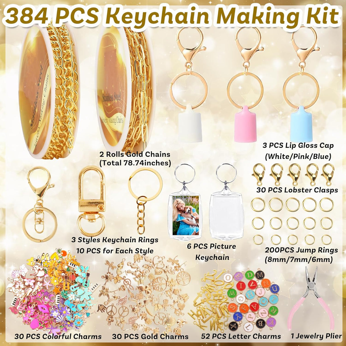 Namifin 384 Pcs Lip Gloss Keychain Making Kit with Charms & Keychain Clips - DIY Bag Charms, Photo