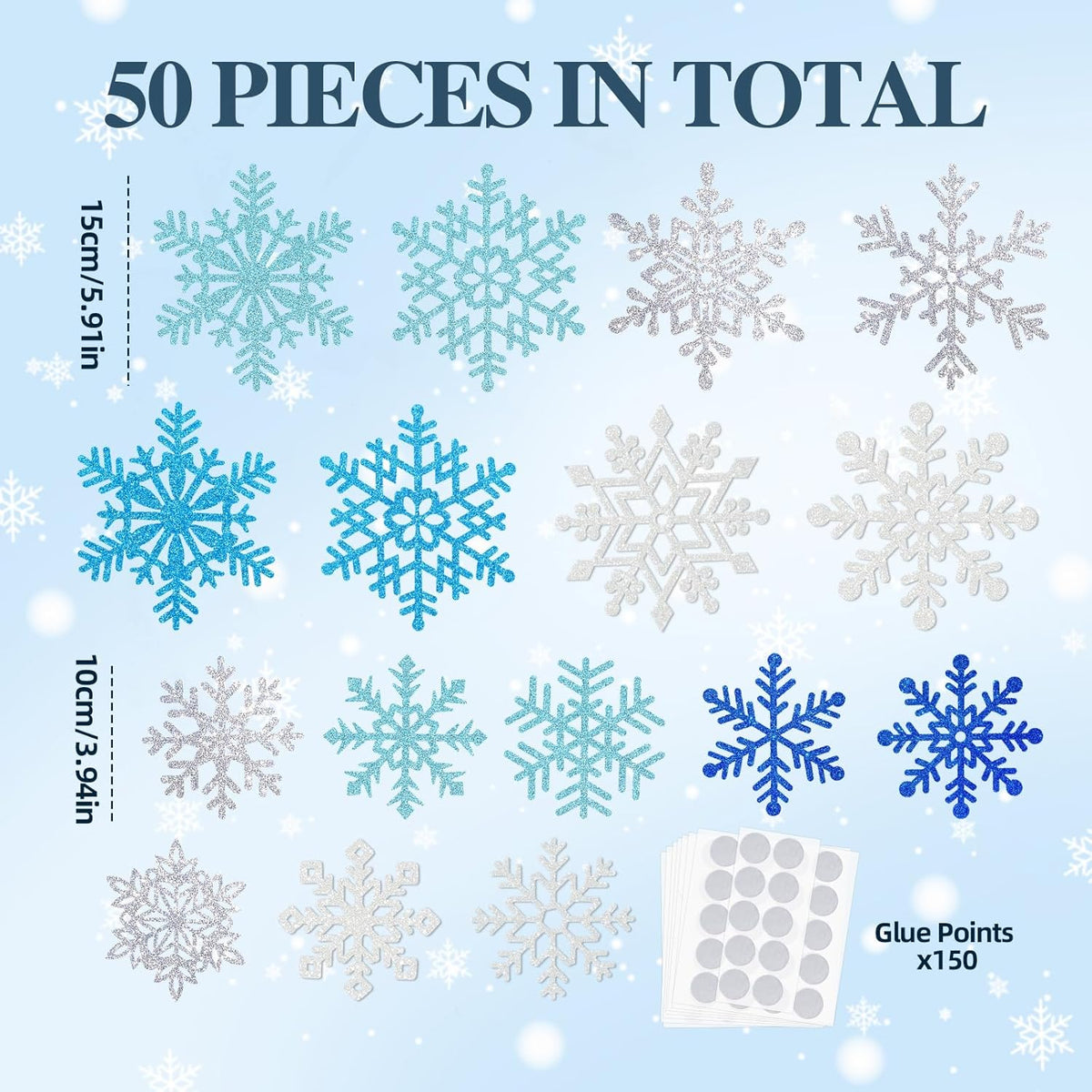 Winter Snowflake Cutouts Glitter Paper Decorations - 50Pcs Blue and Silver Double-Side Christmas