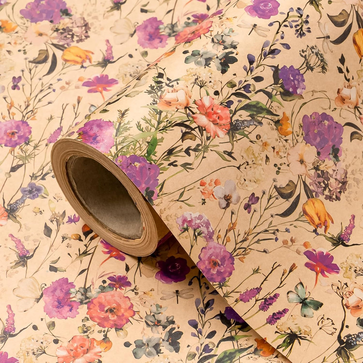 WRAPAHOLIC Kraft Floral Wrapping Paper Roll - Mini Roll - 17 Inch x 16.5 Feet - Garden Wildflower