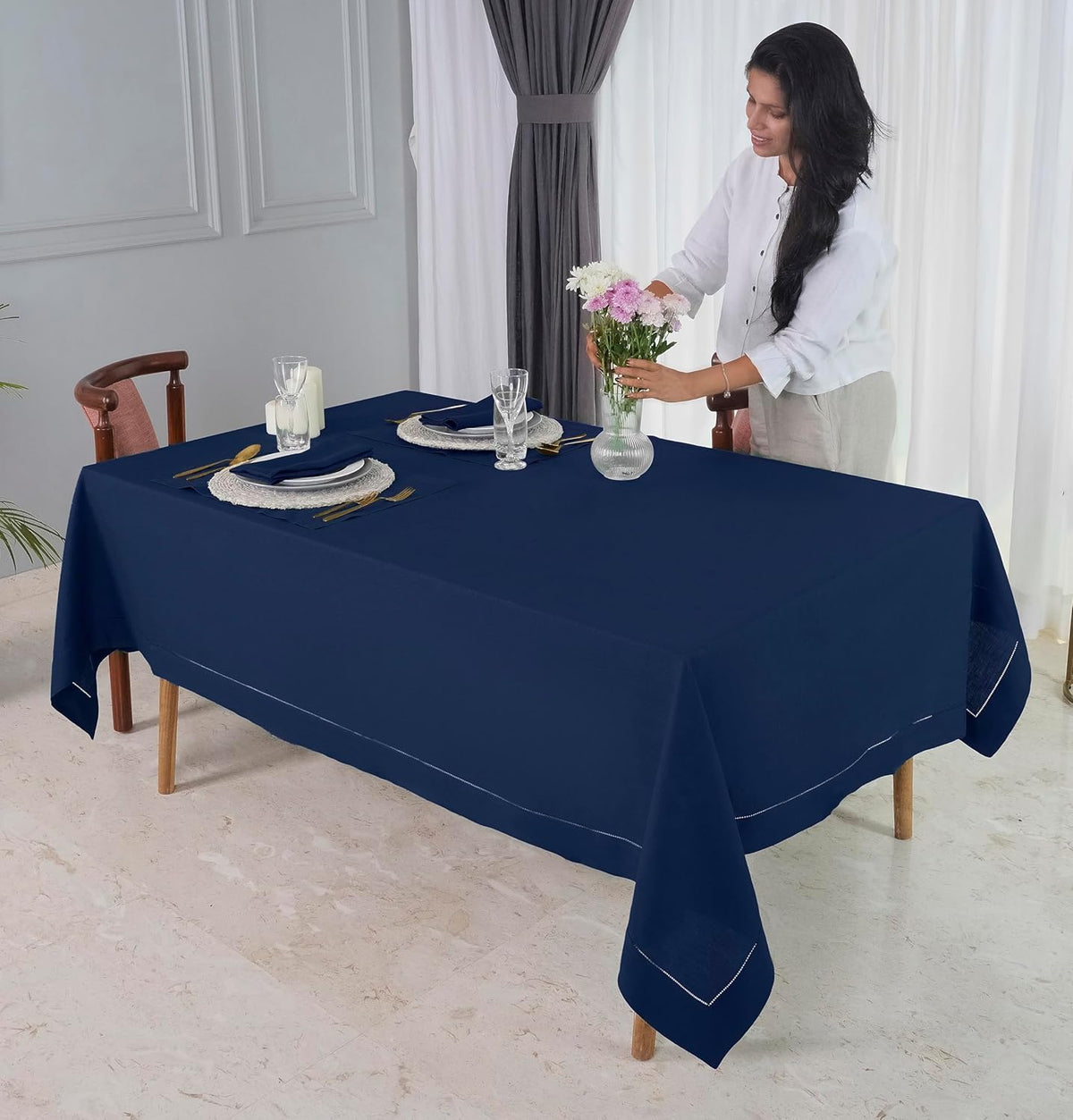 D'Moksha Homes Navy Blue Linen Tablecloth 60 x 108 Inch - 100% Pure Linen Navy Table Cloth for