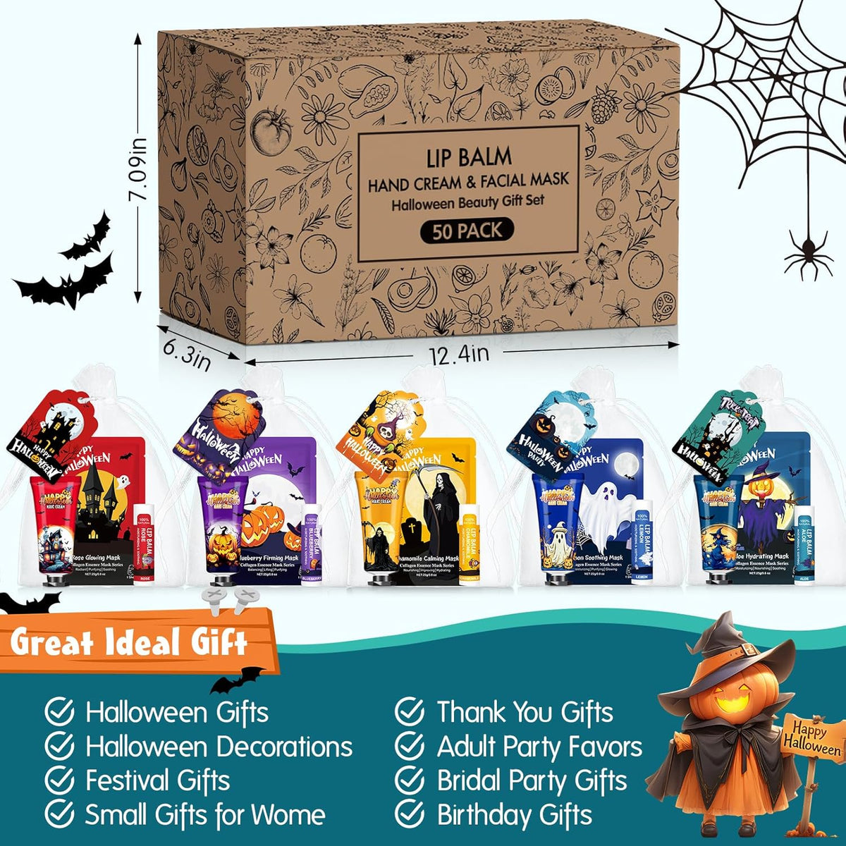 VESPRO 50 Pack Halloween Hand Cream, Facial Mask and Lip Balm Set, Bulk Halloween Gifts for Women