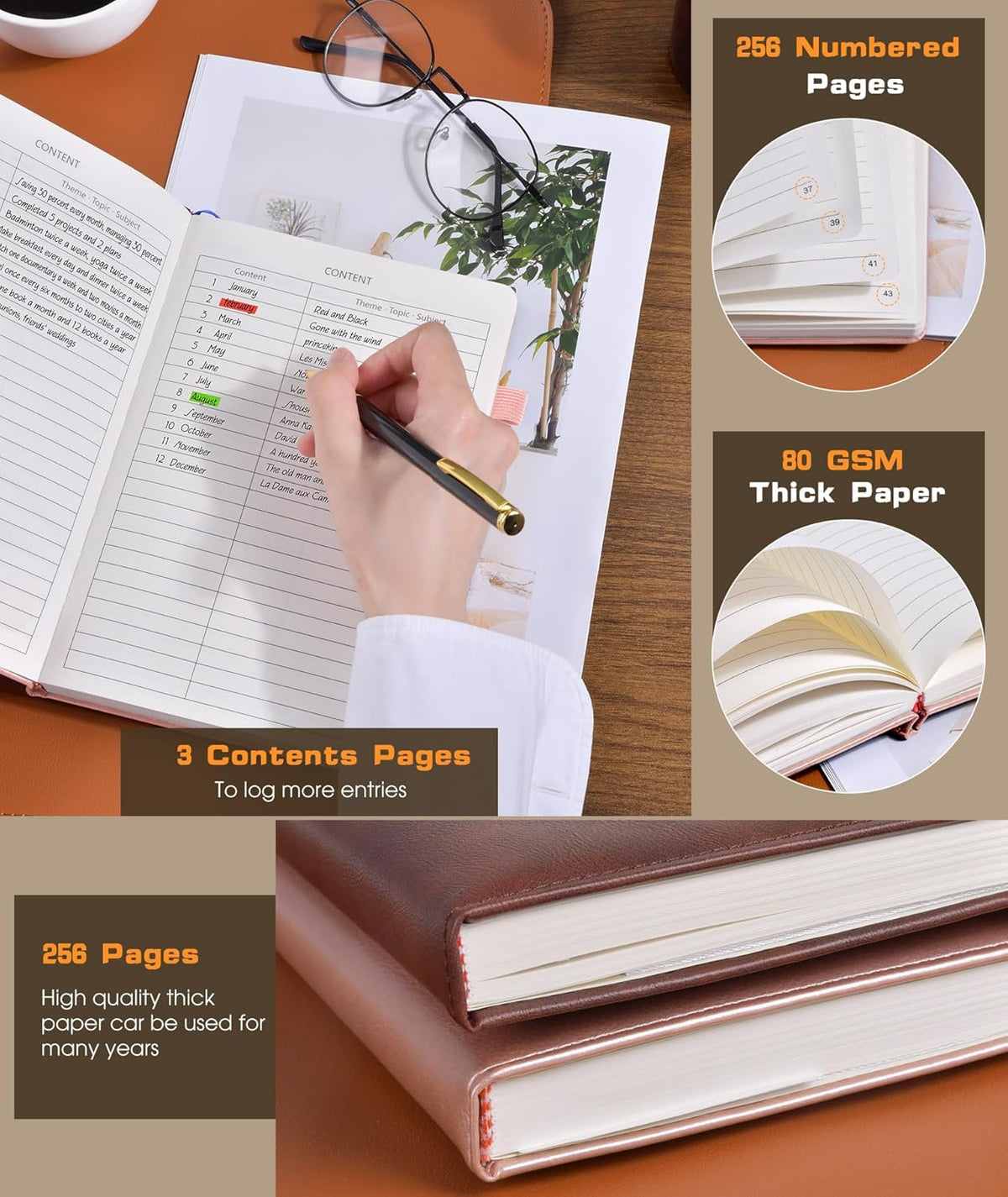 Lined Journal Notebook for Women Men, 256 Numbered Pages Hardcover Leather Journals for Writing, A5