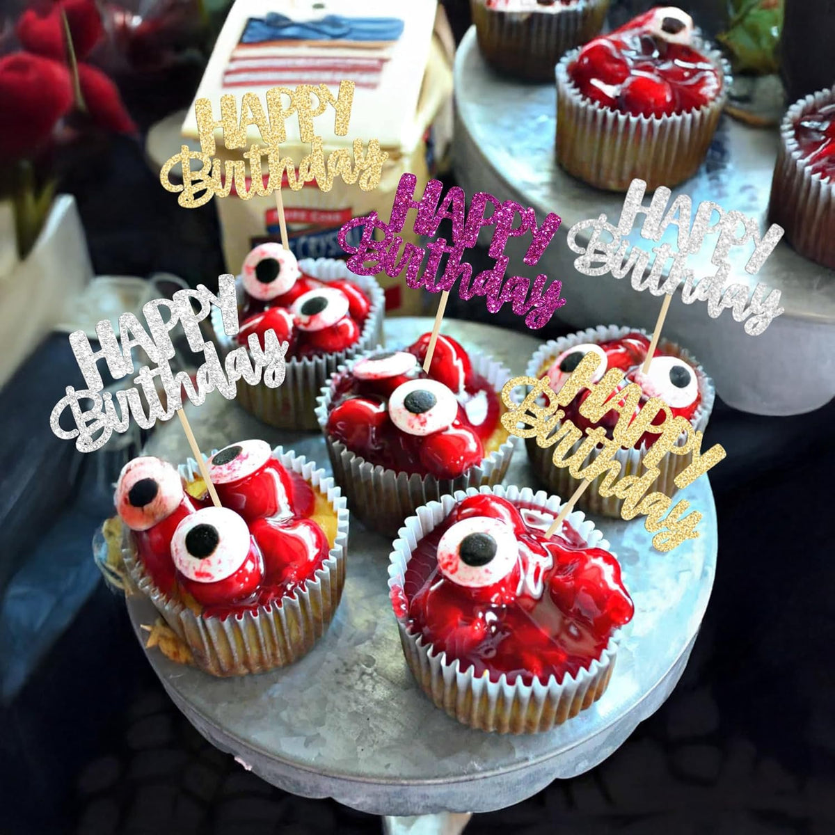 Gyufise 24Pcs Happy Birthday Cupcake Toppers Glitter Birthday Cupcake Food Picks for Celebrating