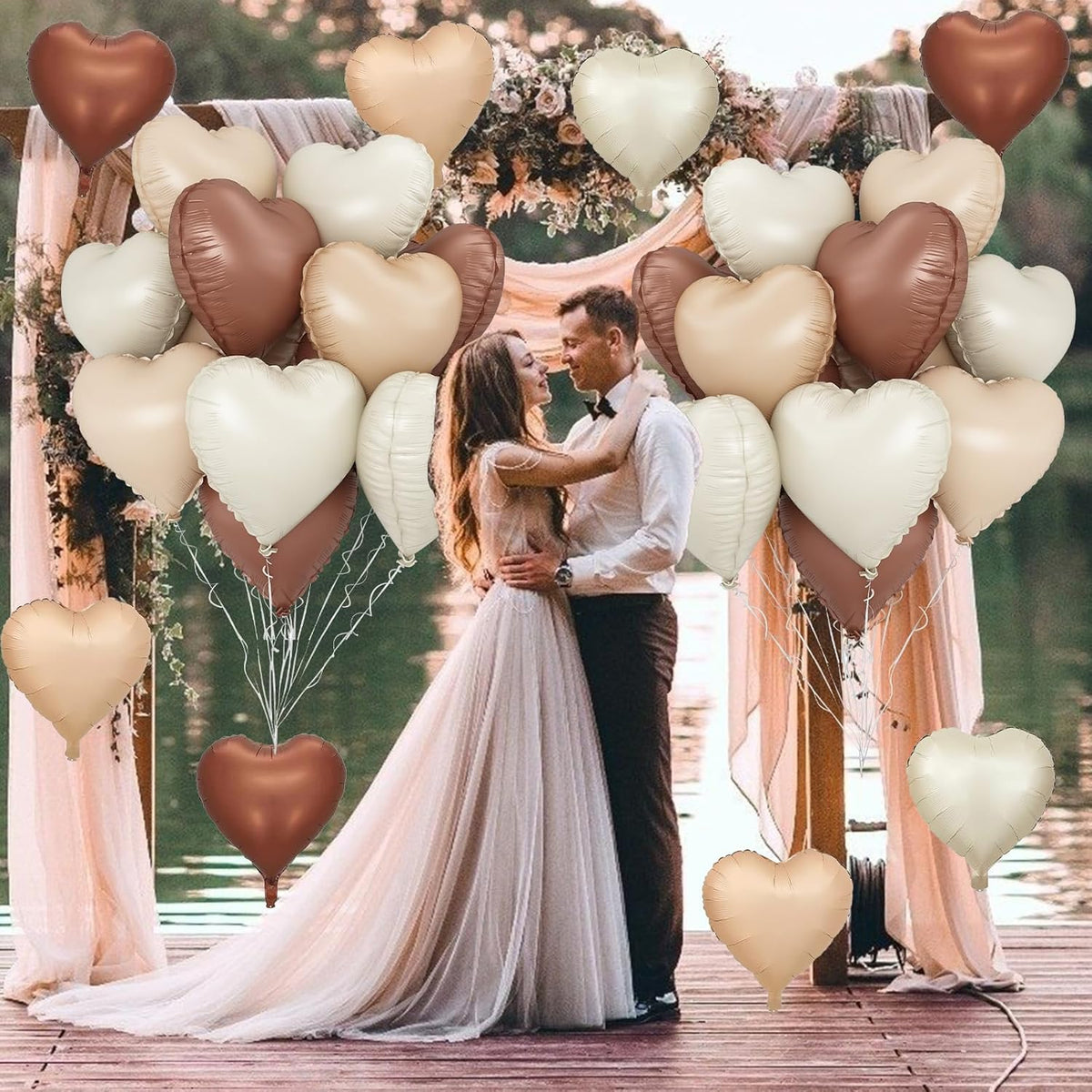 Cream Brown Heart Balloons, 12Pcs Brown Apricot Foil Balloons, Beige Coffee Foil Heart Shape Mylar