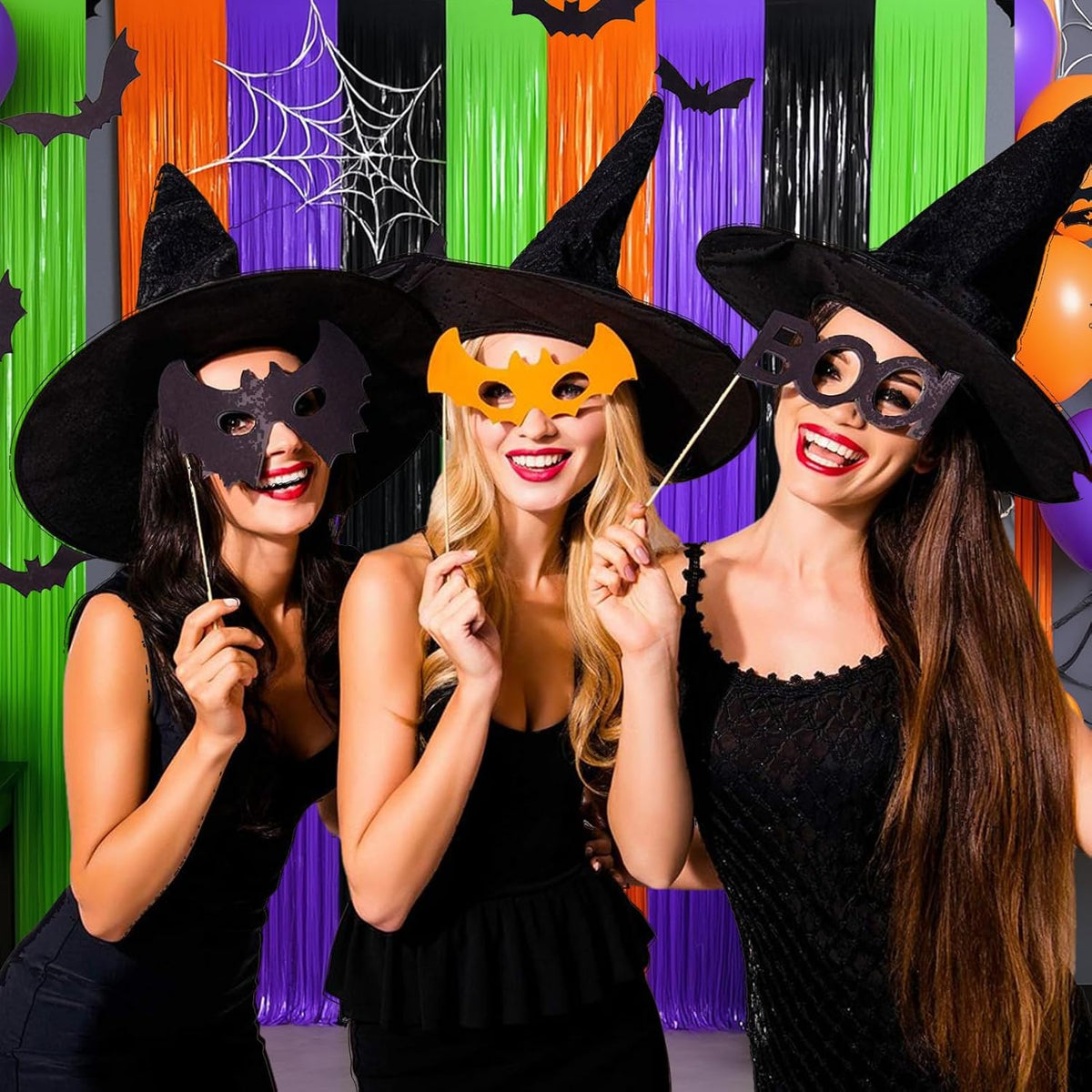 4 Packs Halloween Foil Fringe Curtain, Orange Black Purple and Green Metallic Tinsel Backdrop for