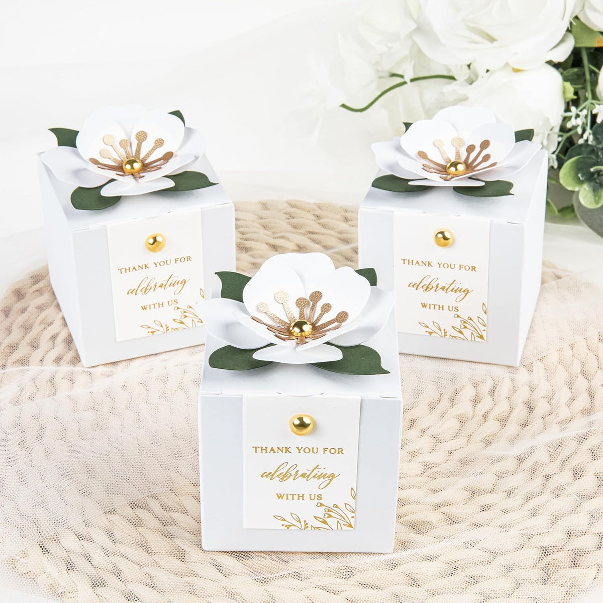 FEIYI 20 PCS Favor Boxes, 3 In 1 White Candy Boxes with Floral Decor, White Thank You Tags Gold