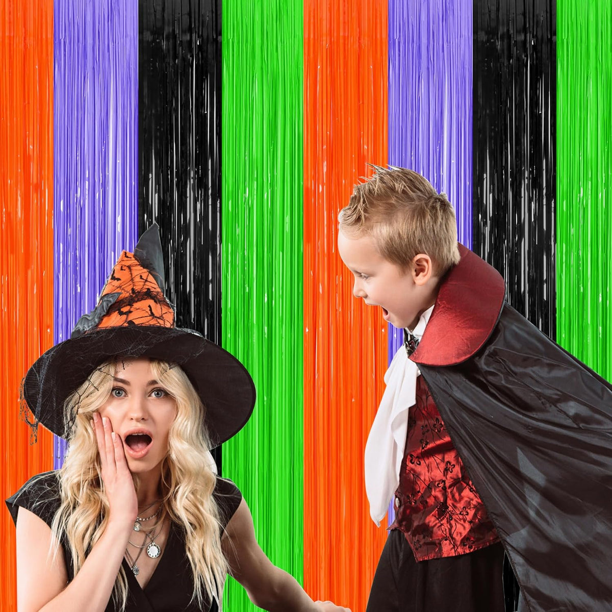 2 Pack Halloween Backdrop, 3.28 FT x 7.05 FT Orange Purple Black Green Party Streamer, Metallic