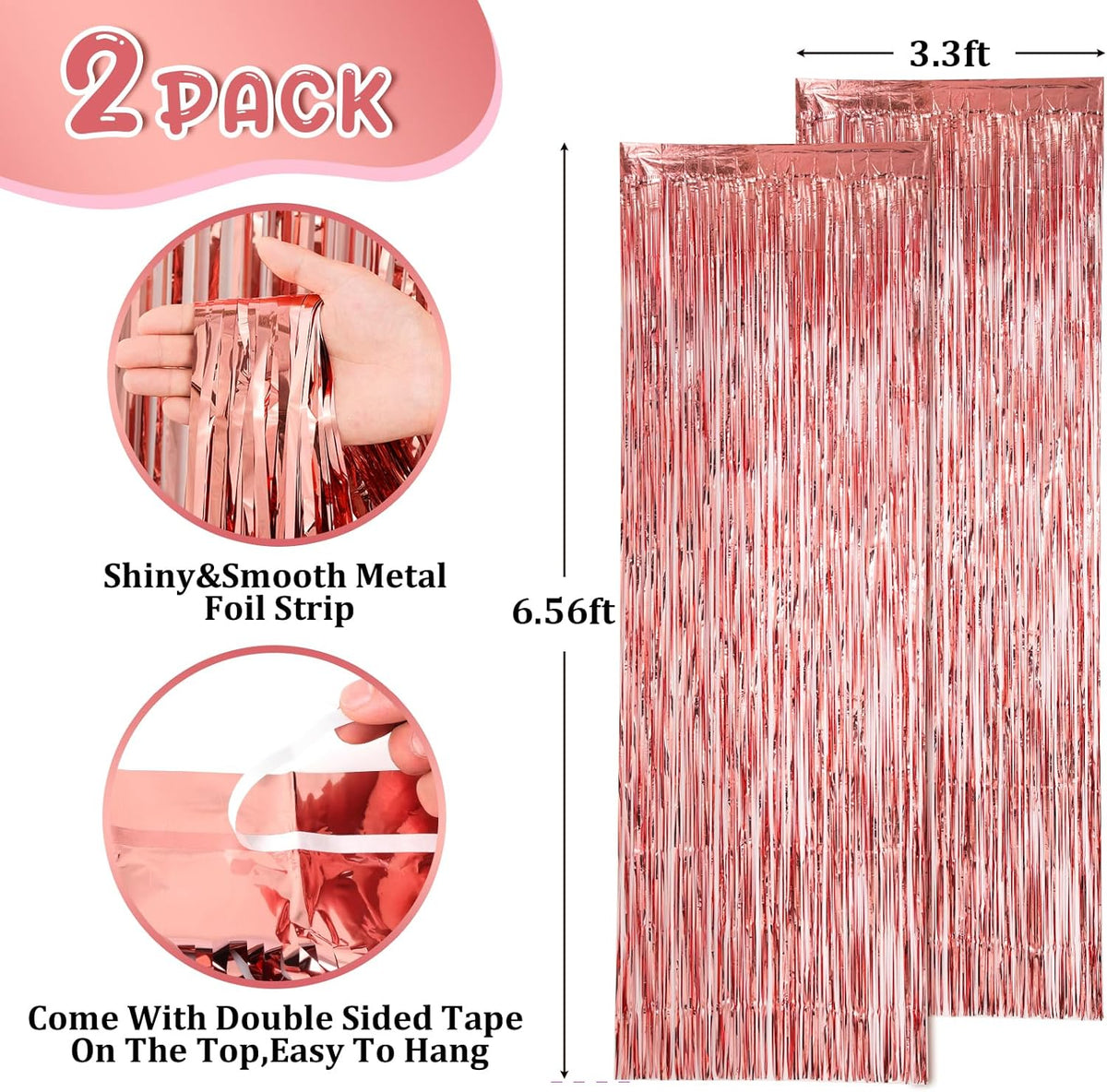 2 Pack Rose Gold Tinsel Foil Fringe Curtains, Rose Gold Party Decorations, Metallic Tinsel Party