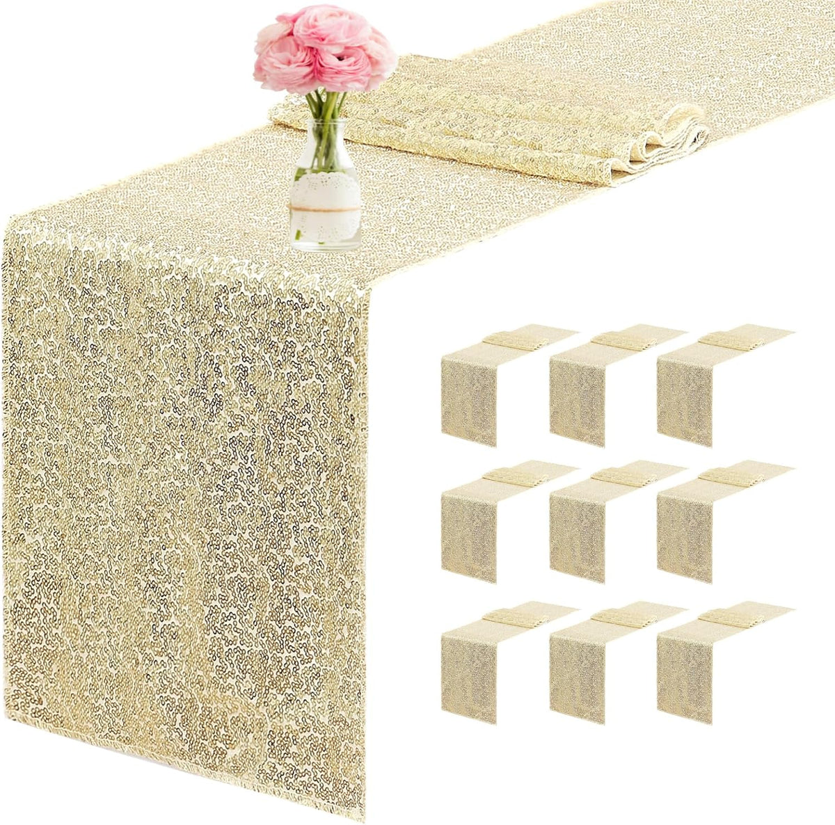 10 Packs 12 x 72 inches Sequin Table Runner, Champagne Glitter Table Runner for Birthday Party