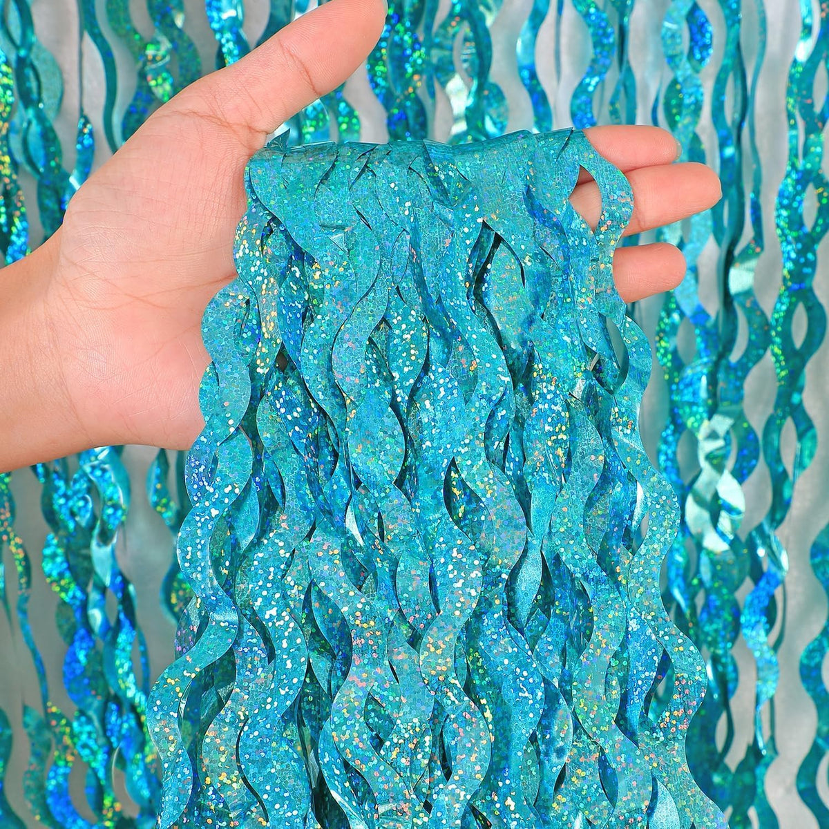 4 Pack Teal Aqua Blue Wavy Foil Fringe Curtains Party Decorations - 3.3 ft x 6.6 ft Sparkle