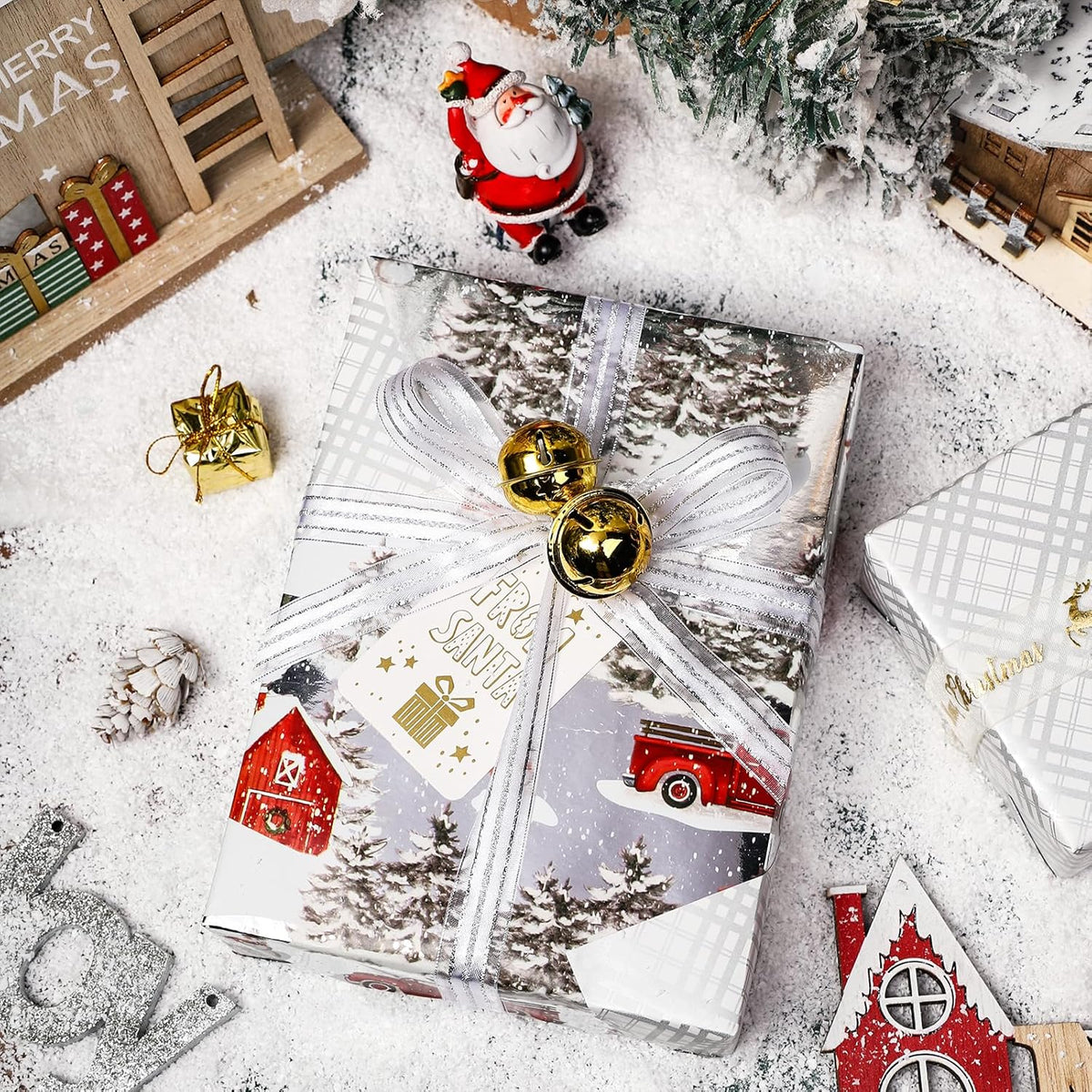 LeZakaa Christmas Silver Wrapping Paper Mini Roll for Boy Kid, Red Truck, Snowy Pine Forest & Grid
