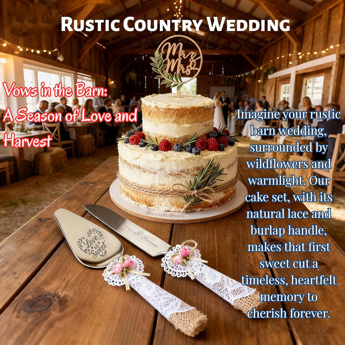 Wedding Cake Knife and Server Set – Rustic Lace Burlap Handle, Stainless Steel Blades, Vintage