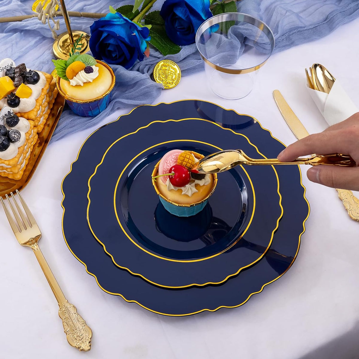 Liacere 350PCS Navy Blue Plastic Plates-Disposable Blue Gold Plates 50guest Plastic Dinnerware