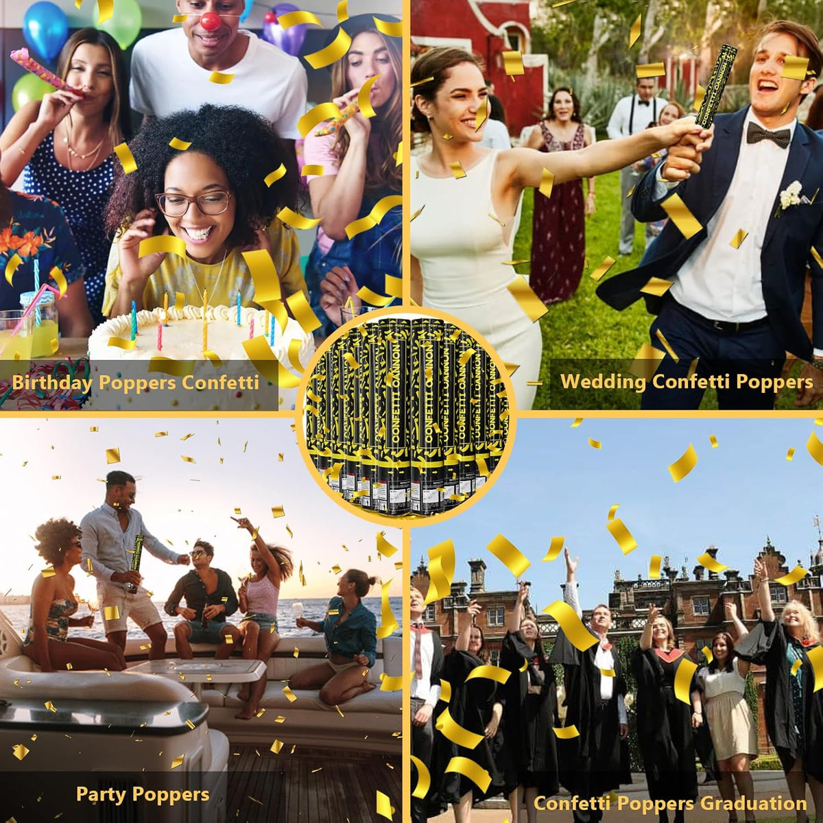 Gold Confetti Cannons 12 Pack - 12 inch Party Poppers with Gold Foil Confetti for Weddings
