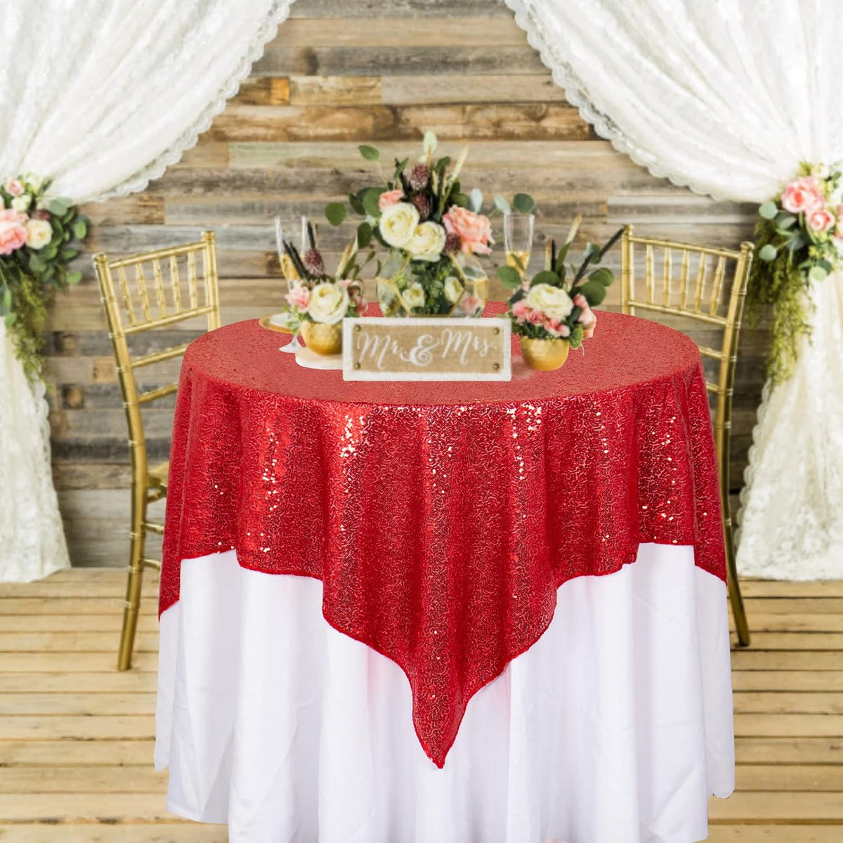 ShinyBeauty Red Tablecloths 36x36 Inch, 2 Packs Sequin Table Cloth for Parties Sparkle Table Cloths