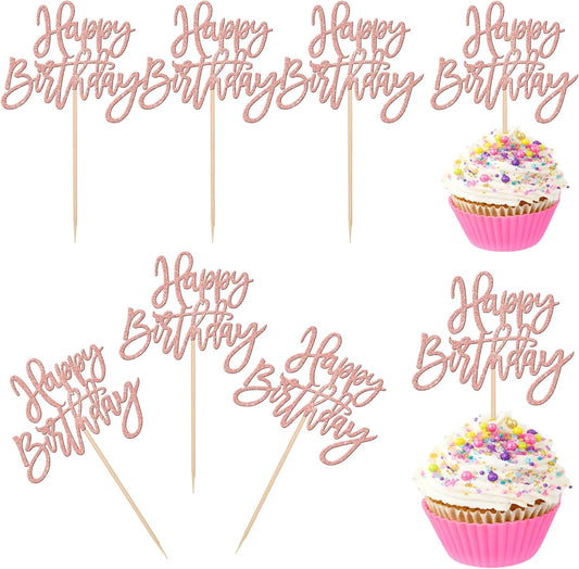 24 PCS Happy Birthday Cupcake Toppers Glitter Picks for Celebrating Anniversary Theme Party Cake