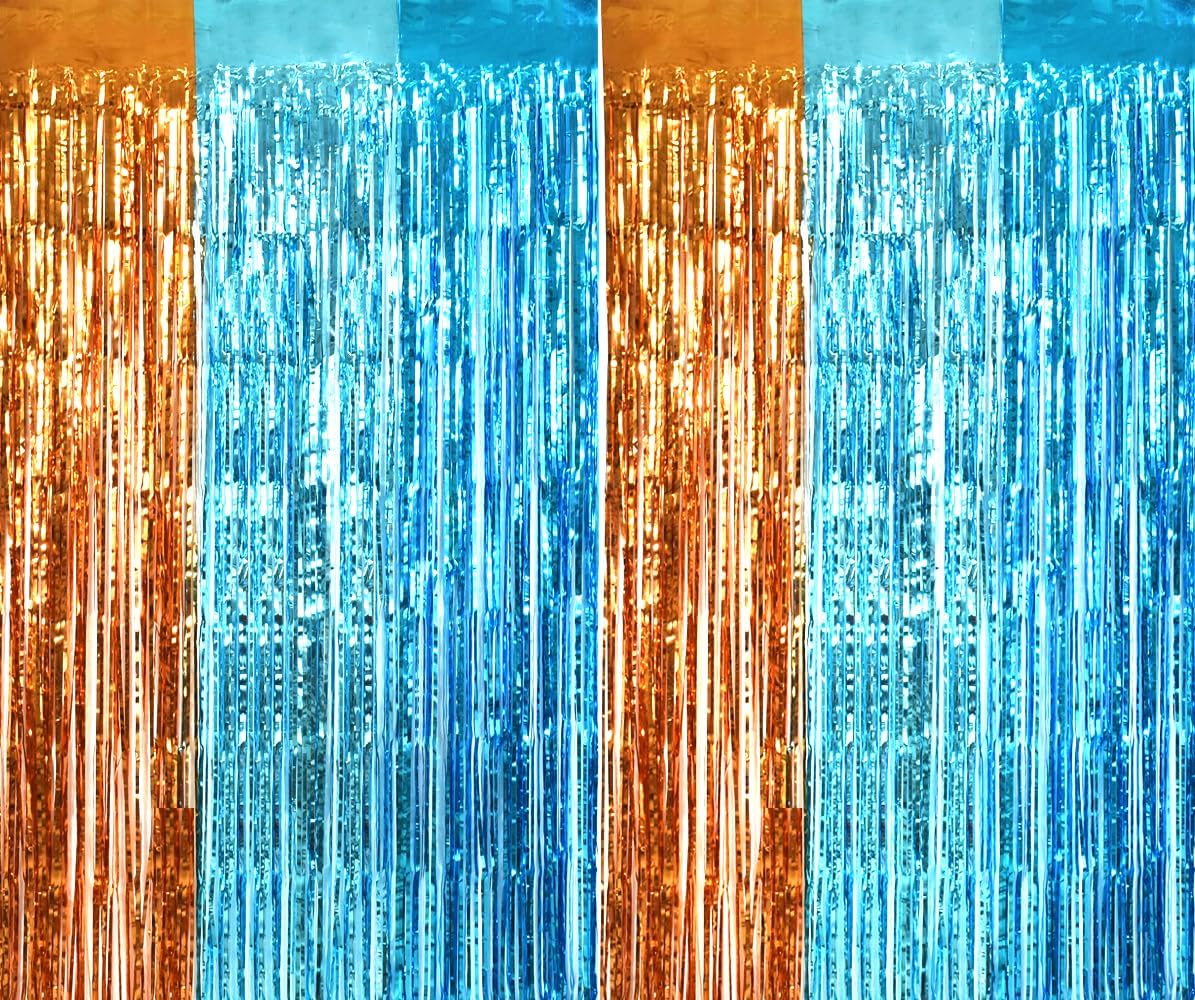 TONIFUL Orange Blue Door Streamers,Blue and Orange Photo Booth Backdrop Metallic Streamers Foil