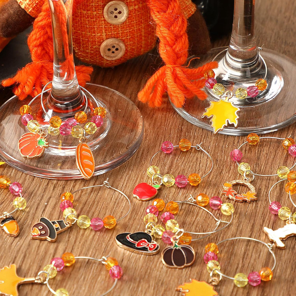 SANNIX Thanksgiving Wine Glass Charms, 24pcs Wine Glass Identifiers for Stem Glasses, Hostess Gifts