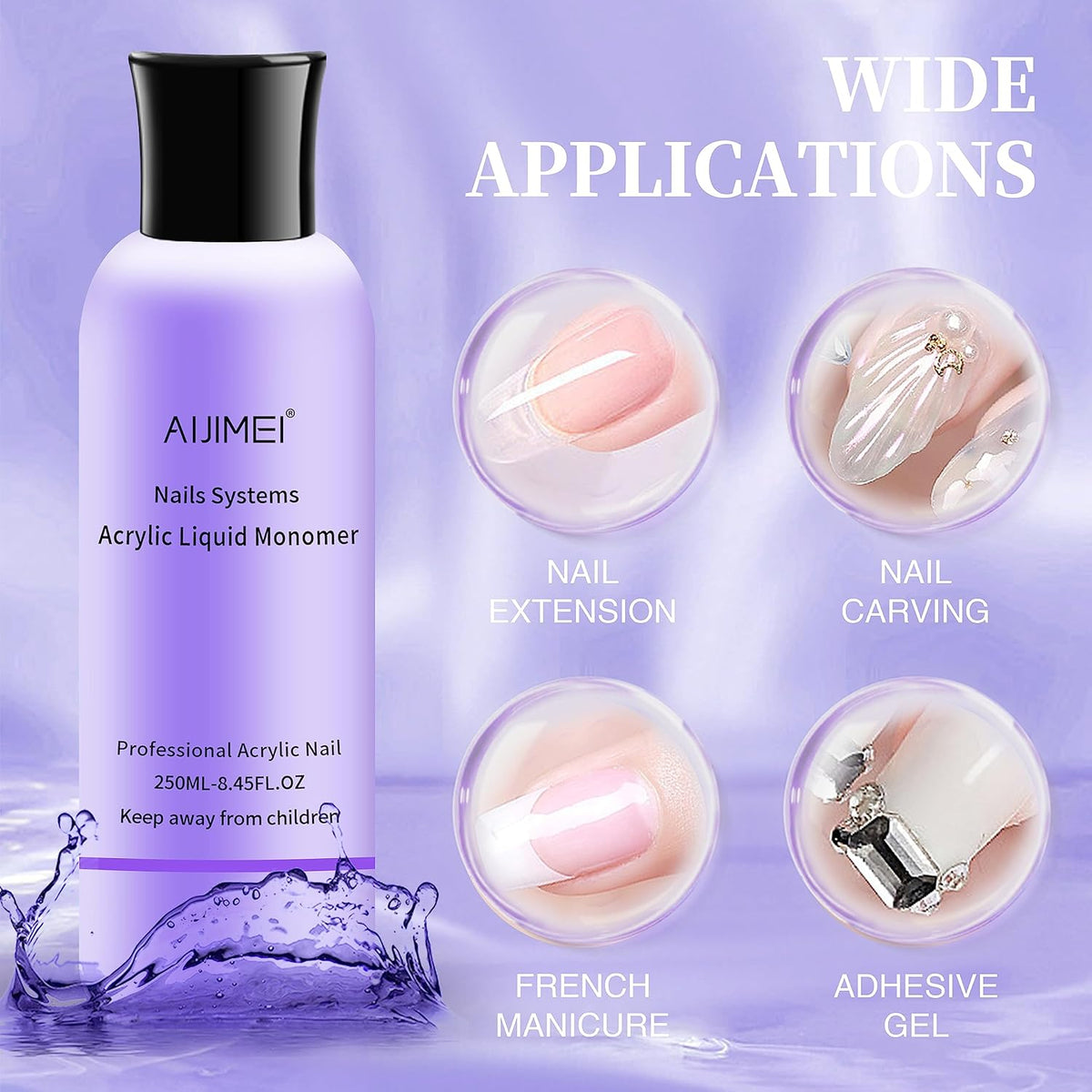 AIJIMEI Acrylic Liquid Monomer 250ML/8.5FL.OZ with 3PCS Acrylic Nail Brushes for Acrylic Powder