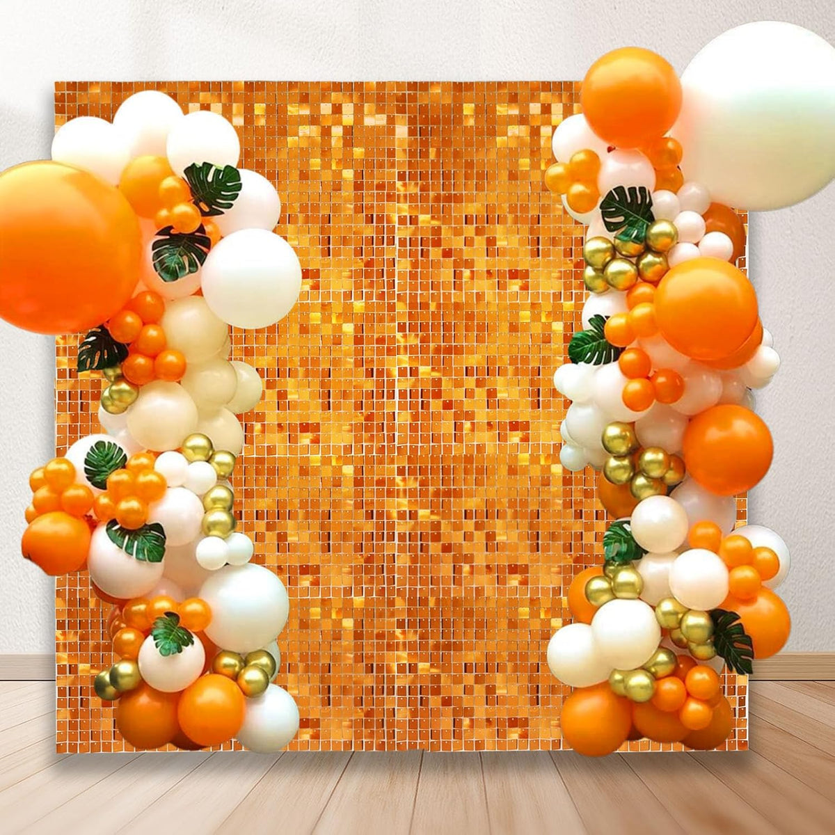 12PCS Orange Shimmer Wall Backdrop, Square Sequin Photo Backdrops Panel, Glitter Wall Background