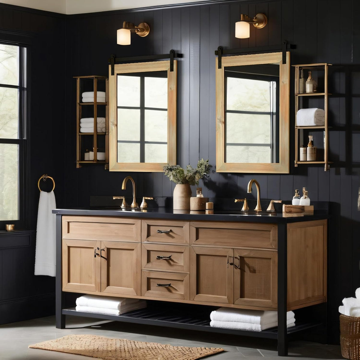 COGOOD Farmhouse Barn Door Mirror - 21" x 30" Rustic Wood Framed Wall Mirror for Bathroom, Living