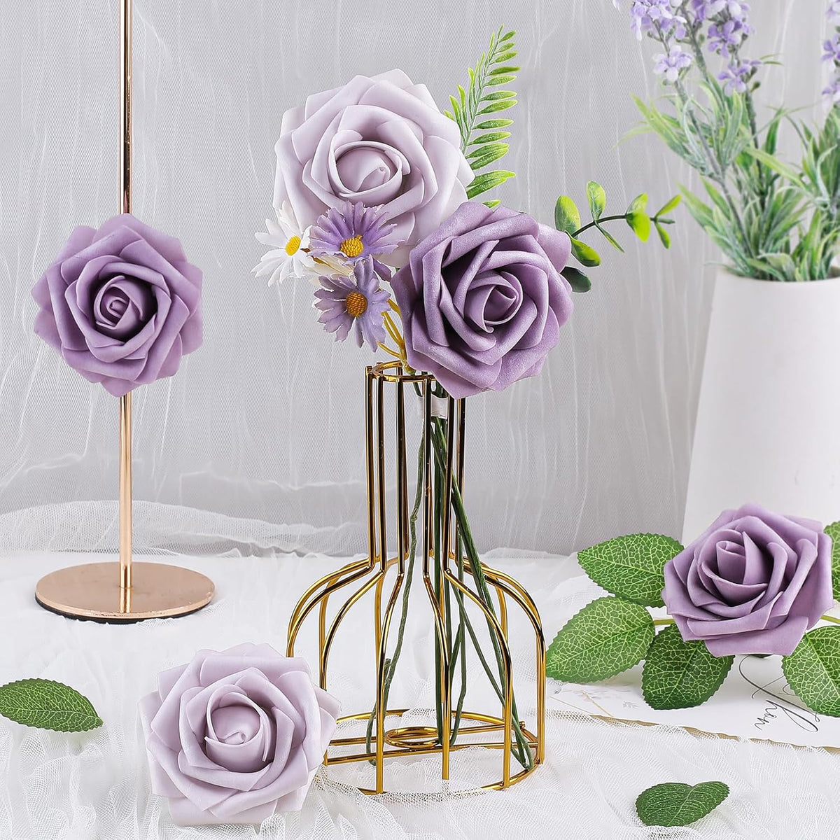 AmyHomie 25pcs Real Looking Artificial Pale Lavender Roses w/Stem for DIY Wedding Bouquets