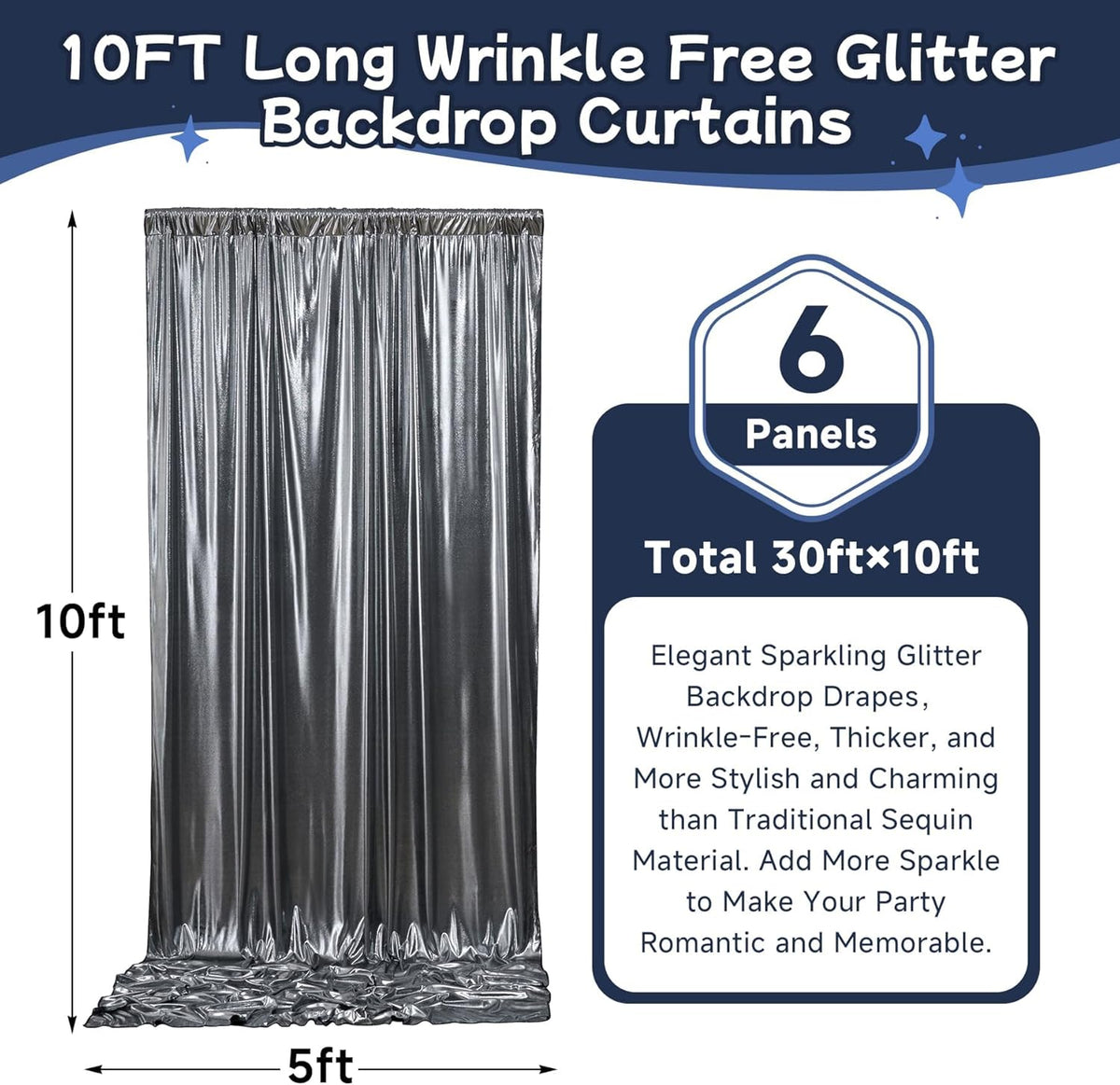 30ftx10ft Black Silver Glitter Sequin Backdrop Curtain for Parties, Wrinkle Free Sparking Backdrop