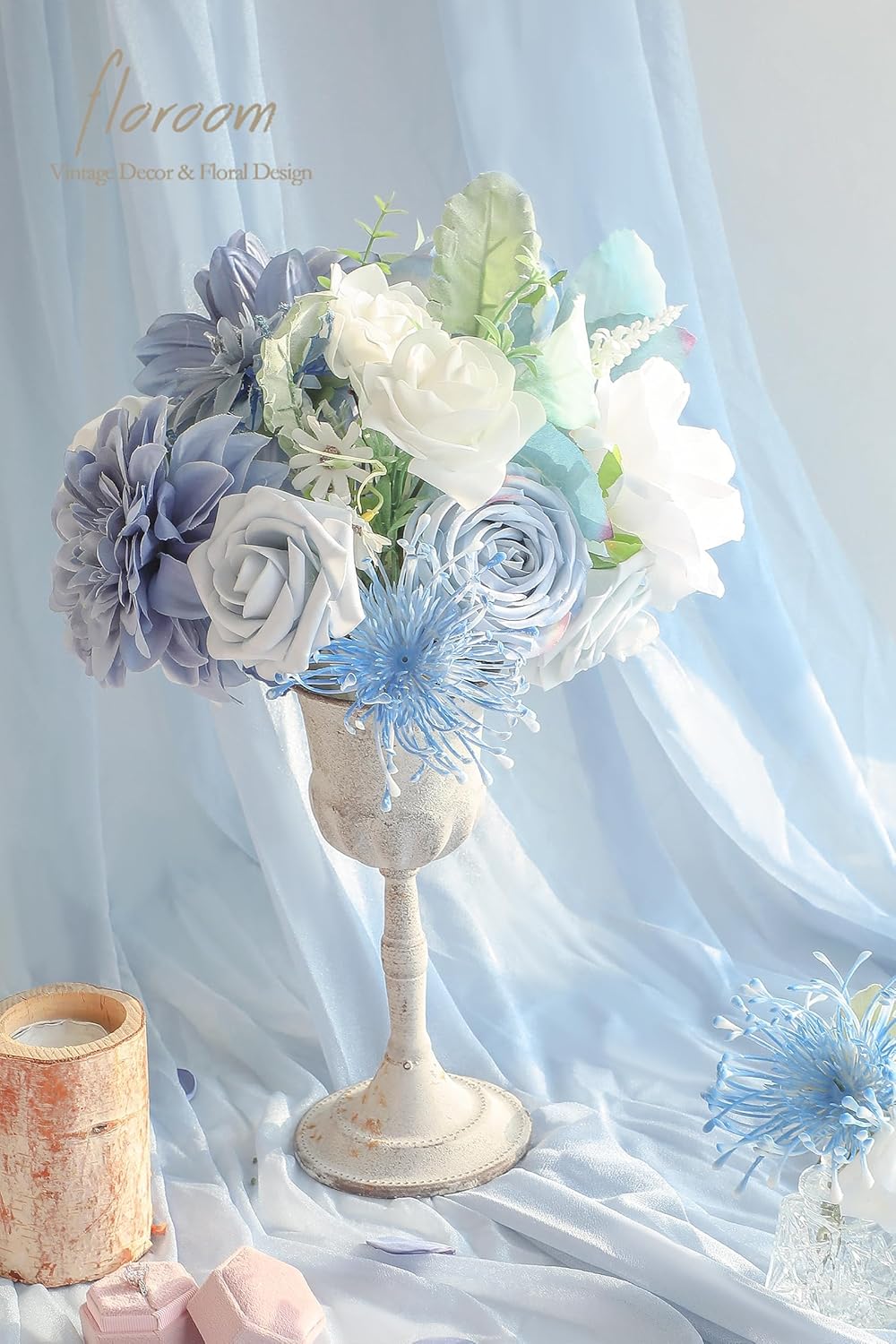 Floroom Dusty Blue Powder Blue Artificial Flowers Fake Roses Dahlias and Greenery Combo Box Set for