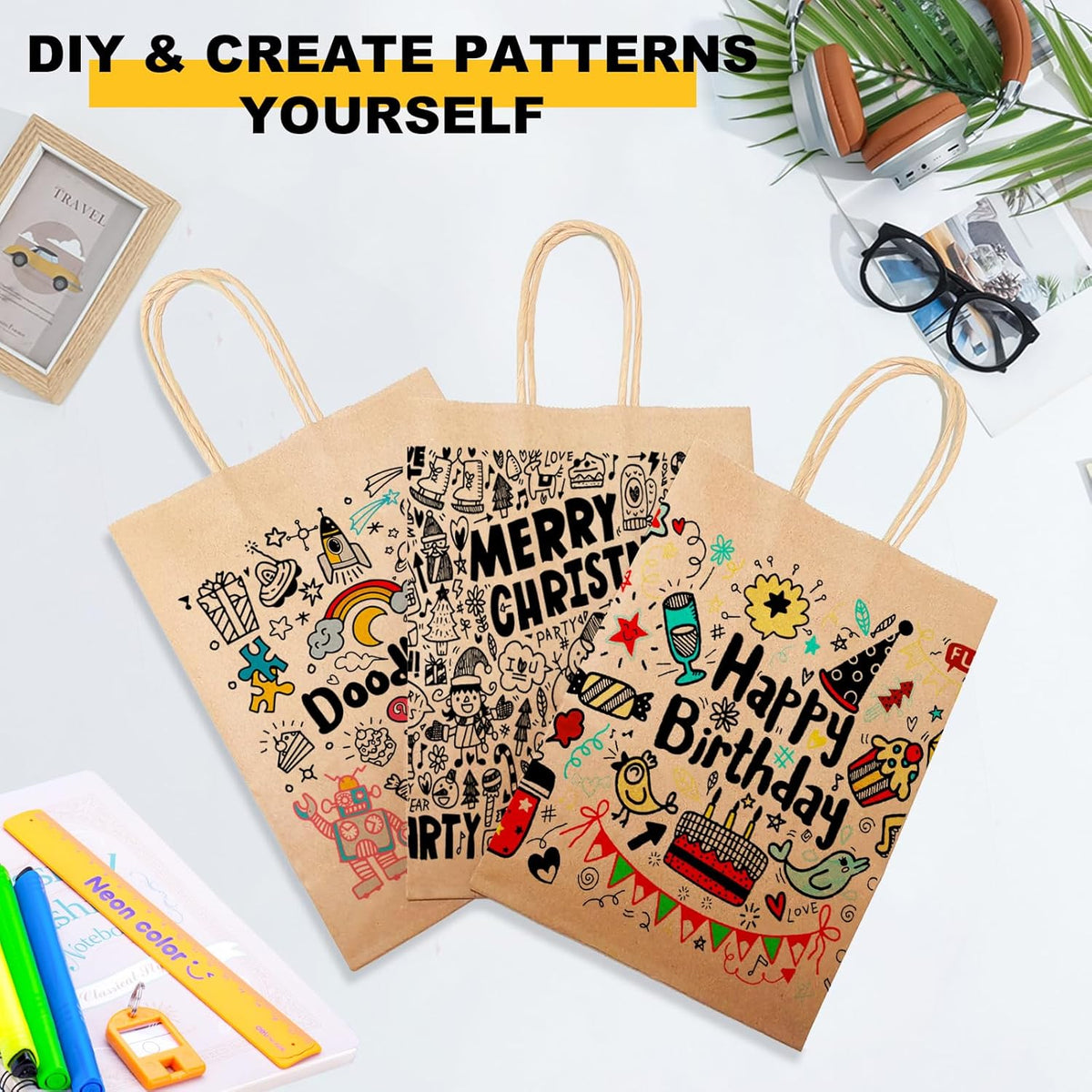 BAG BOX 25 Pack 5.9x3.1x8.25 Inch Brown Gift Bags with Handles,Bulk Kraft Paper Bags for Shopping