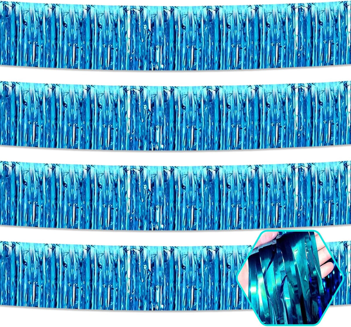 4 Pack 10 Feet Lake Blue Foil Fringe Garland Metallic Tinsel Streamers Banner Wall Hanging Curtain