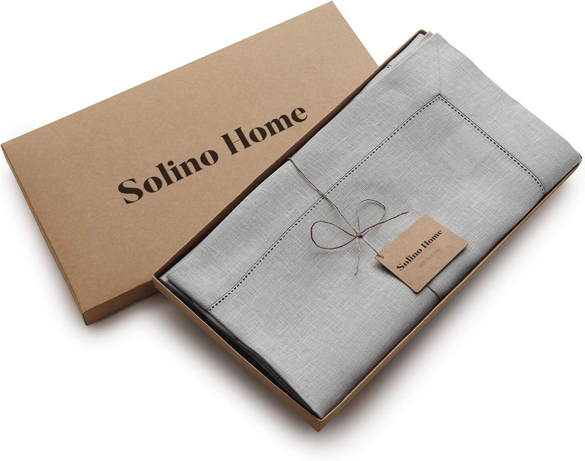 Solino Home Linen Tablecloth for Rectangle Tables 60 x 90 Inch - Classic Hemstitch 100% Pure Linen