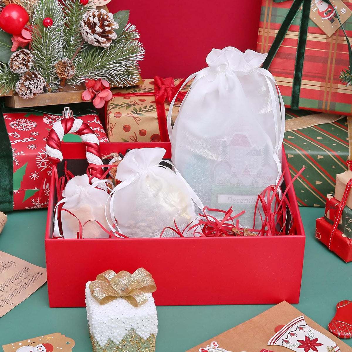 QIANF 20 Pcs White Small Organza Bags 3X4 inch for Wedding Favors with Drawstring, Mini Mesh Gift