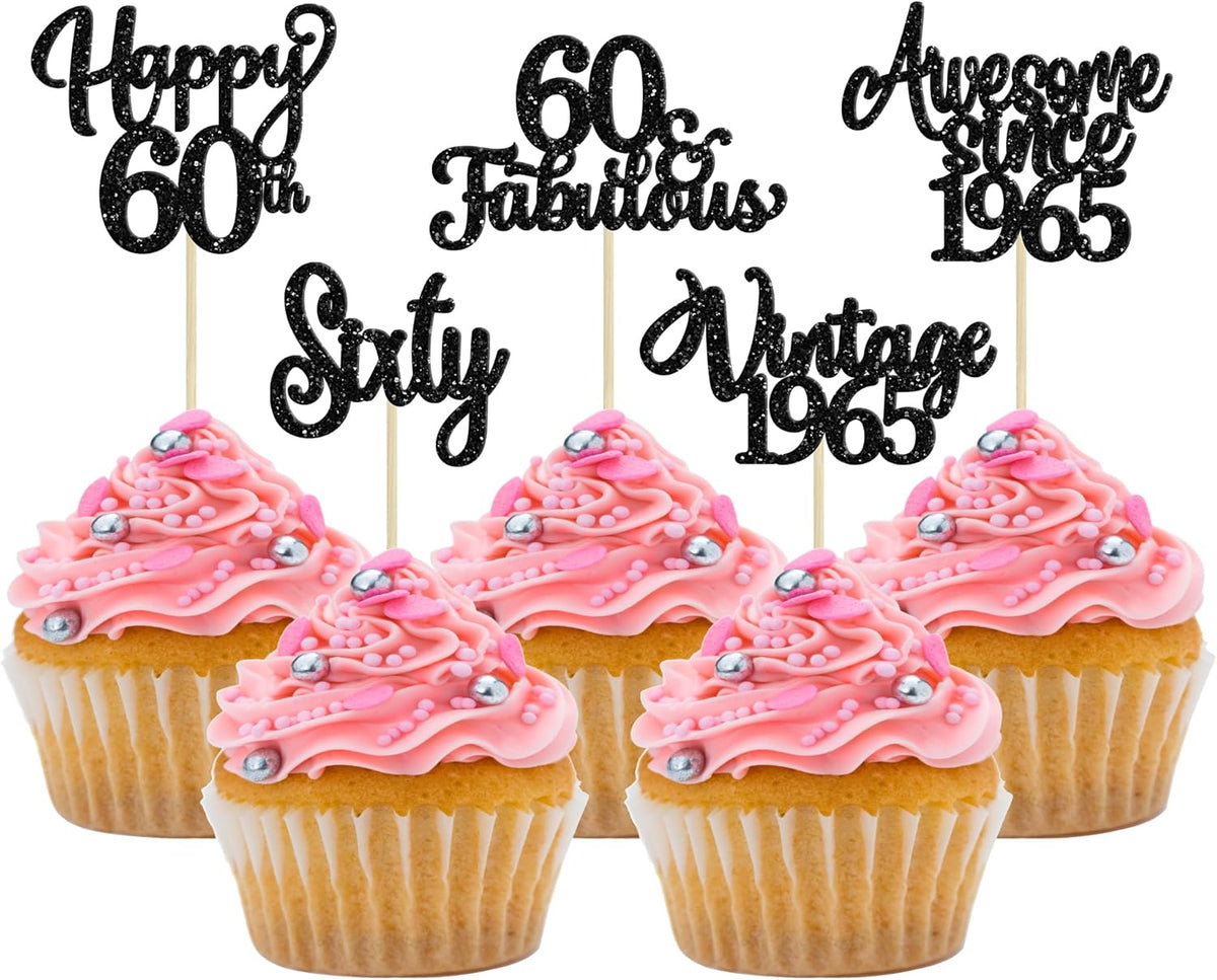 30Pcs Happy 60th Birthday Cupcake Toppers Glitter Sixty Vintage 1965 Cupcake Picks Cheers to 60