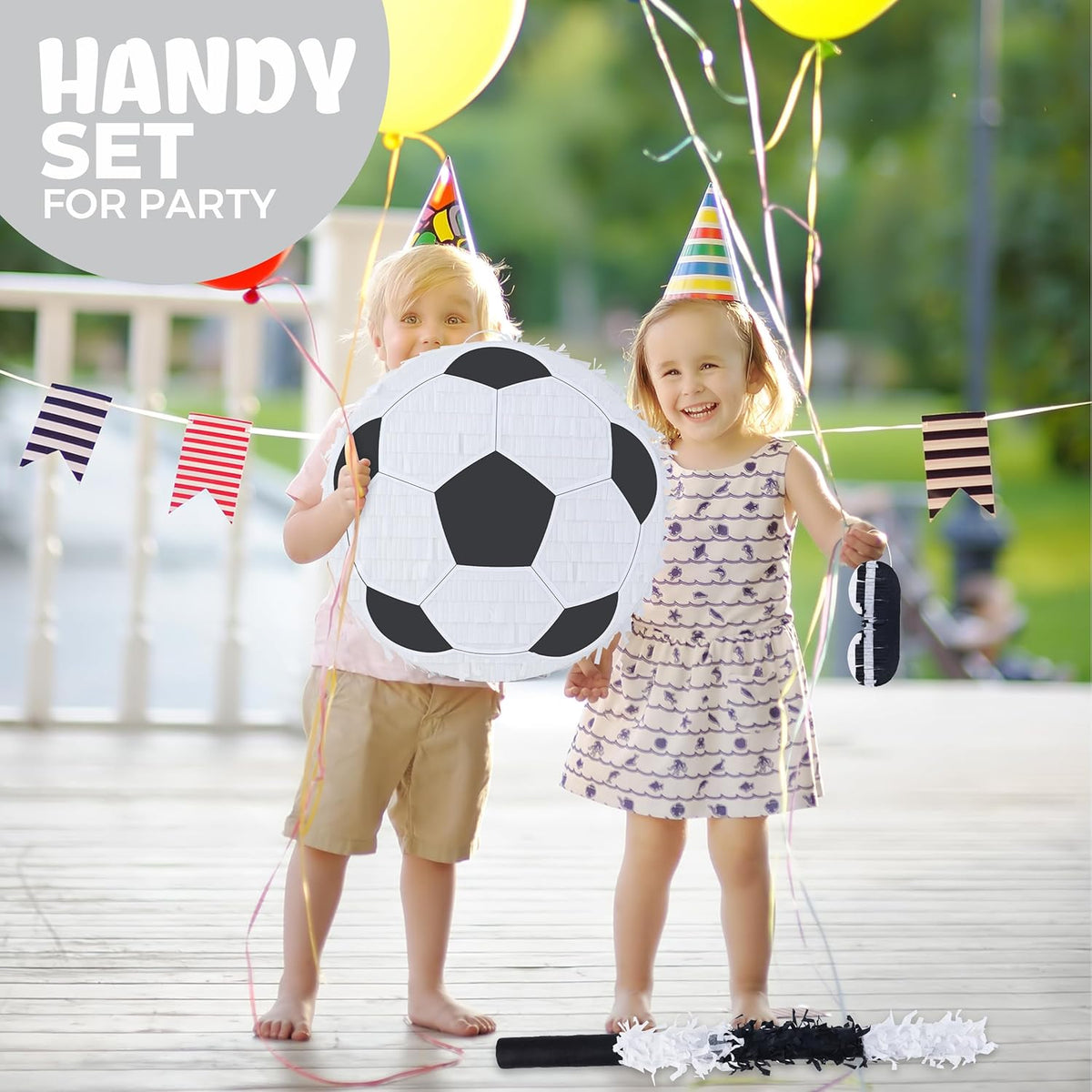 New Soccer Pinata Bundle with a Blindfold and Bat (13"x13"x4"), Soccer Ball Pinata for Birthday