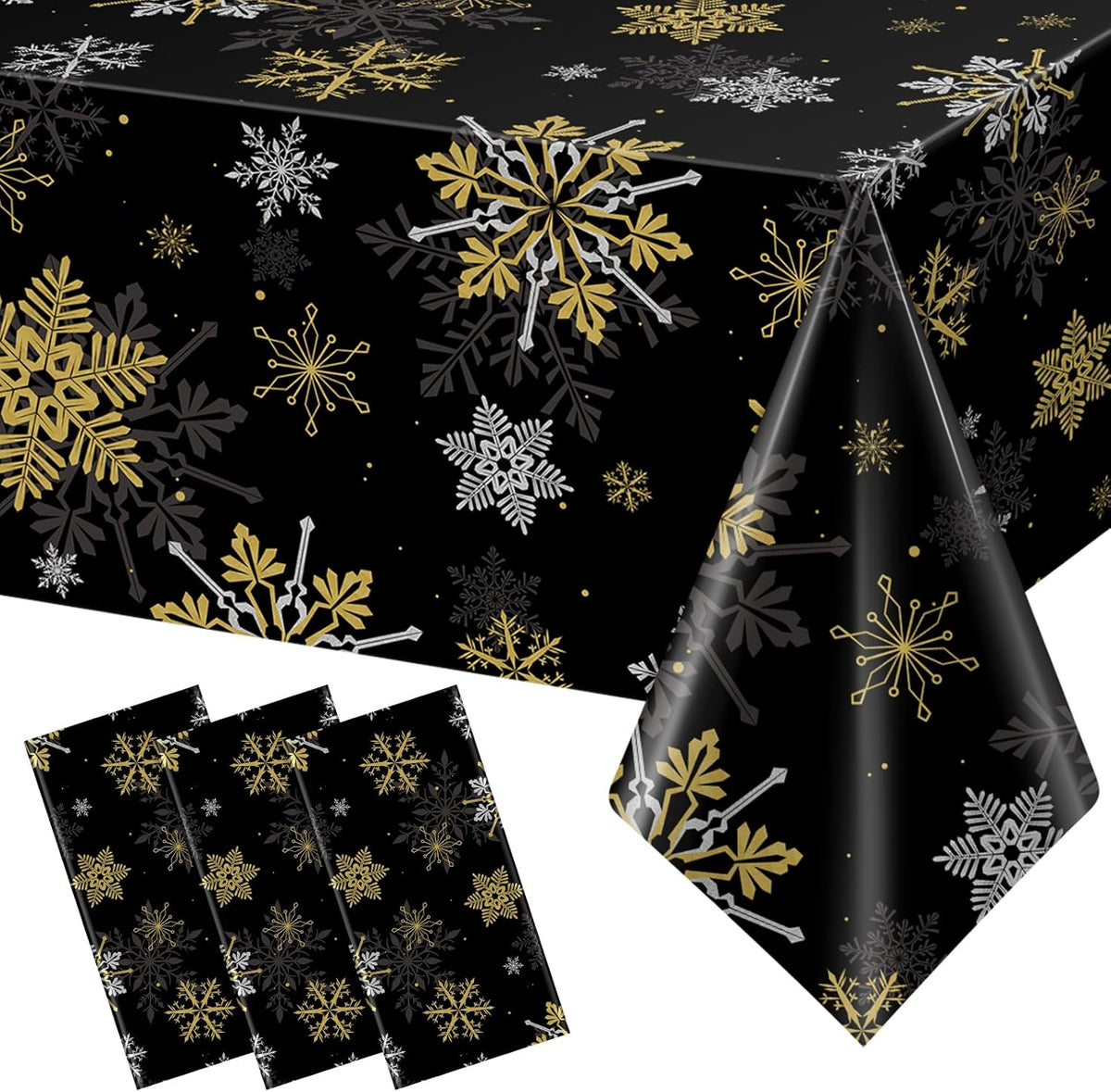 3Pcs Christmas Snowflake Party Tablecloths Decorations,Plastic Black and Gold Table Cloth,Winter