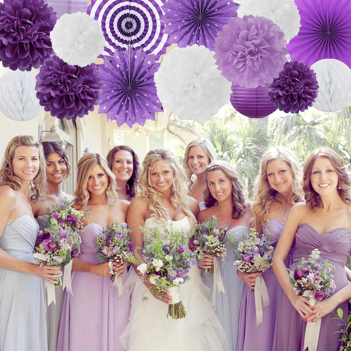 Lavender-Purple White Graduation Party Decorations - 20pcs Paper Lanterns Fans,Tissue Pom