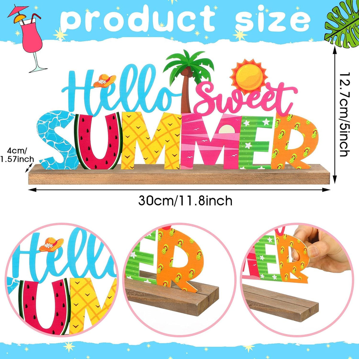 Hello Sweet Summer Metal Sign Rustic Table Decor Holiday Tiered Tray Decor with Wooden Base