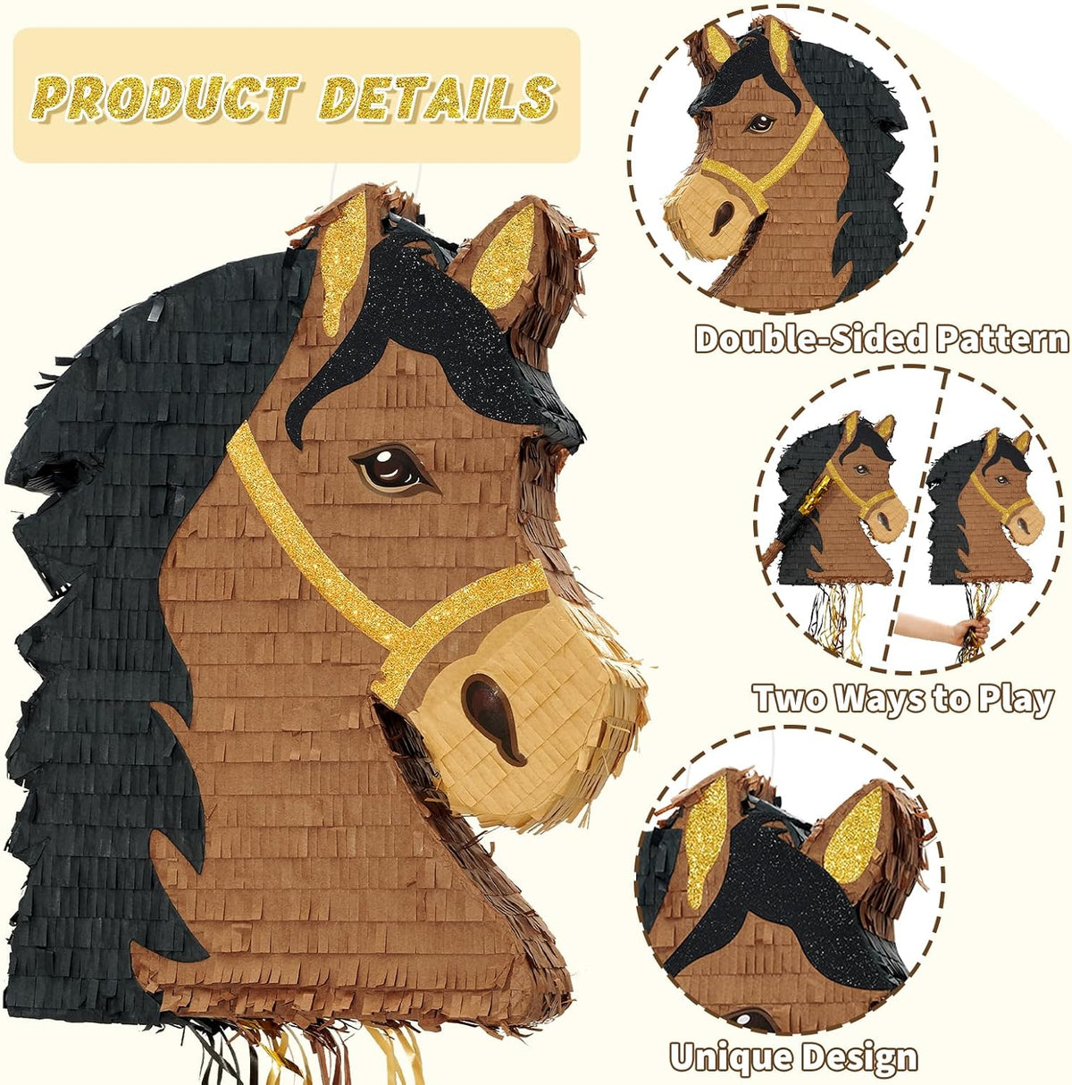 WERNNSAI Horse Piñata - Brown Horse Party Decorations Hanging Cowboy Piñata with Blindfold and Bat
