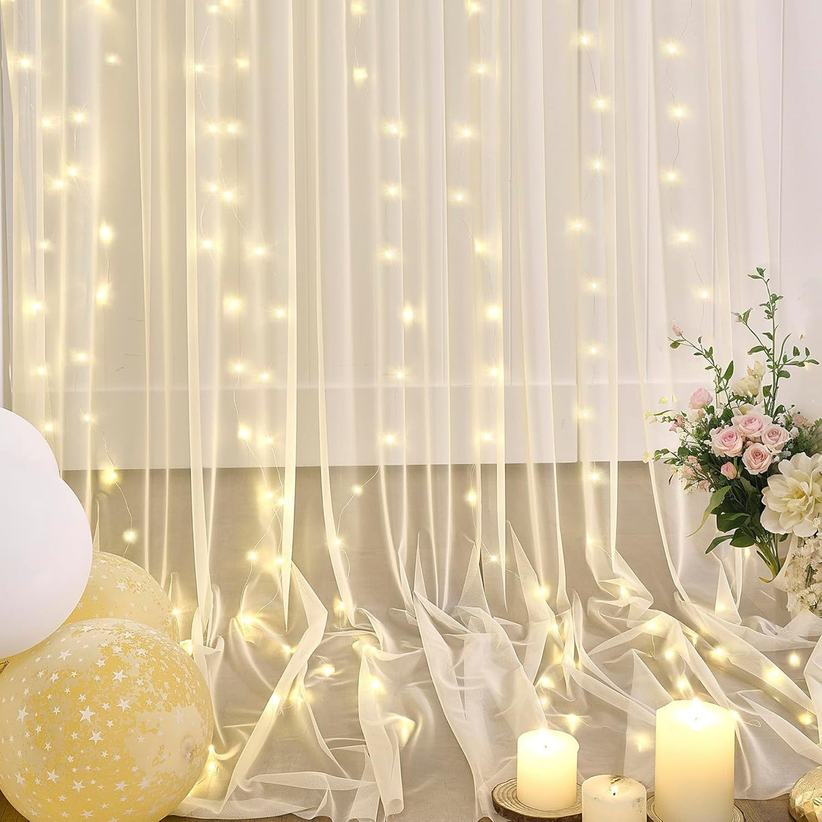 Champagne Sheer Backdrop Curtain with Lights String for Parites Wedding 20×10ft Tulle Backdrop
