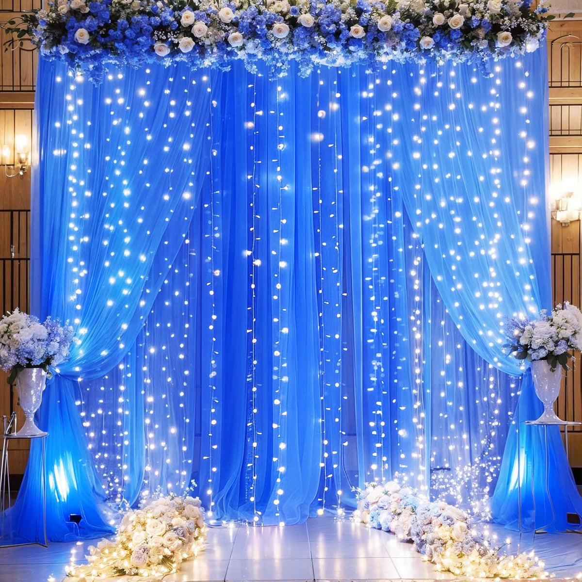 Royal Blue Backdrop Curtains with Lights String for Parites Wedding 10×8ft Sheer Tulle Backdrop