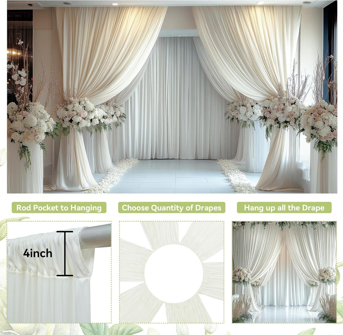 PartyVillage 50ft×15ft Ivory Backdrop Curtain for Wedding Parties, 10 Panels Wrinkle Free 15 FT