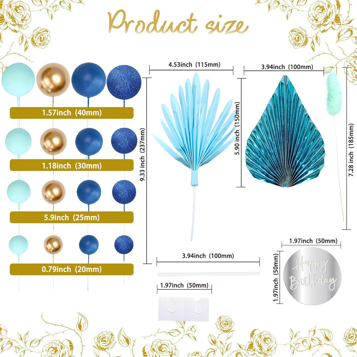 Ephlyn 33 Pack Balls Cake Toppers Boho Palm Leaves Cake Decorations Round Acrylic Happy Birthday