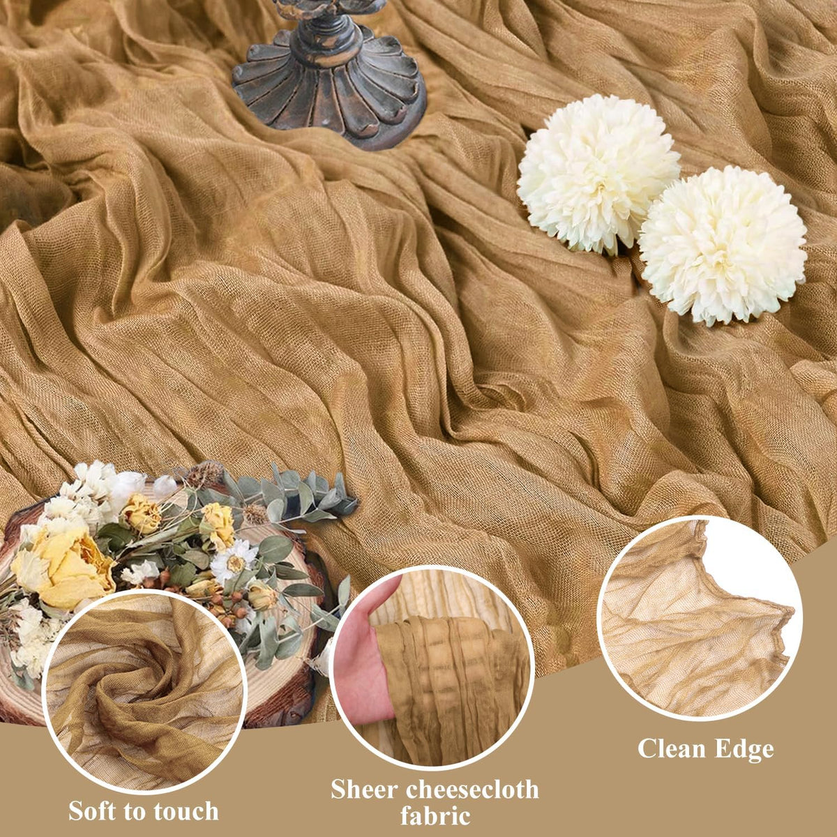 Asee'm 12pcs Cheesecloth Table Runner 120 Inches Long Khaki Boho Gauze Cheese Cloth Runner 10FT