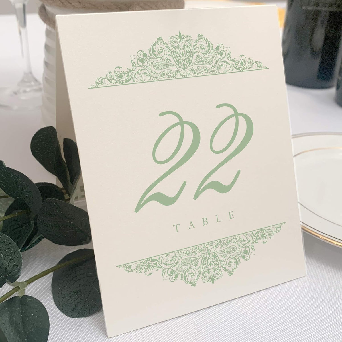 Paisley Wedding Table Numbers (Select Color/Quantity), Champagne, Sage, 1-50, Double Sided, Tent or