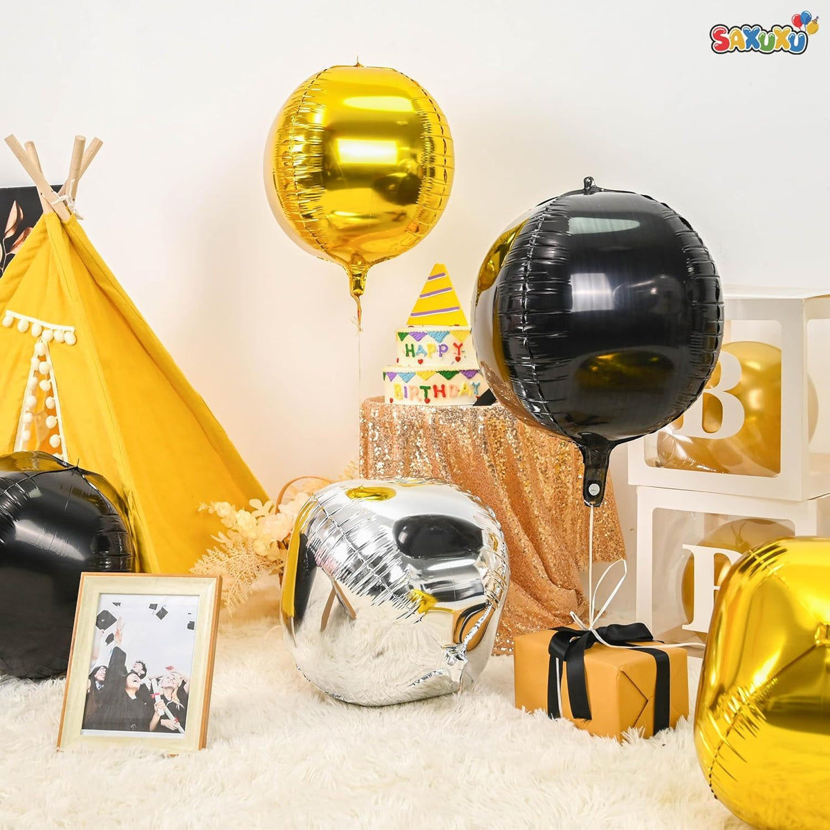 Giant 4D Foil Balloons, 6Pcs Large Metallic Black Gold Silver Round Balloons, 22 Inch Big Round