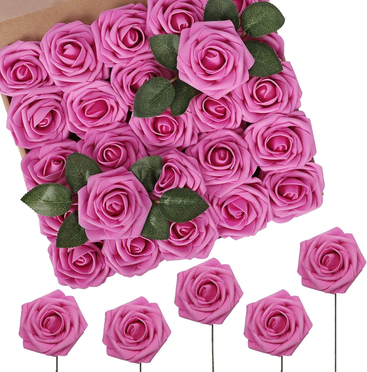 N&T NIETING Artificial Flowers, Hot Pink Artificial Roses, 50pcs Fake Flowers with Stem for DIY