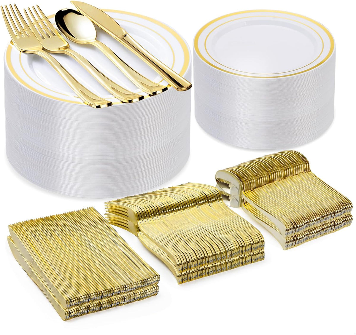 300PCS Gold Plastic Plate Set (50 Guests), Plastic Plates for Party Wedding Birthday, Disposable